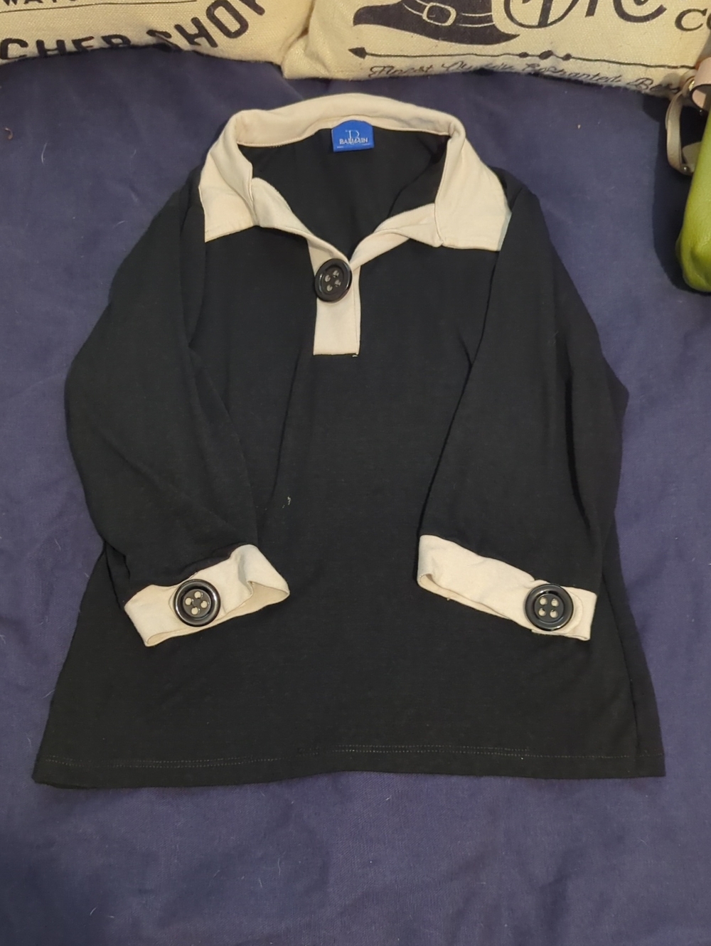 Balmain Paris Italy Black Top with Cream Trim and Large Buttons Size Small CUTE‎
